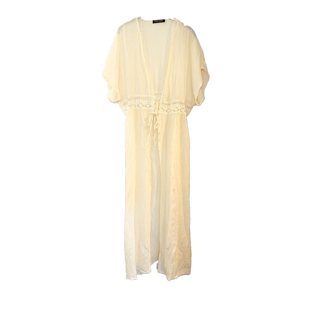 FANCYINN Cream Crochet Tie Accent Swimsuit Coverup Short Sleeve‎ Scoop Neck M